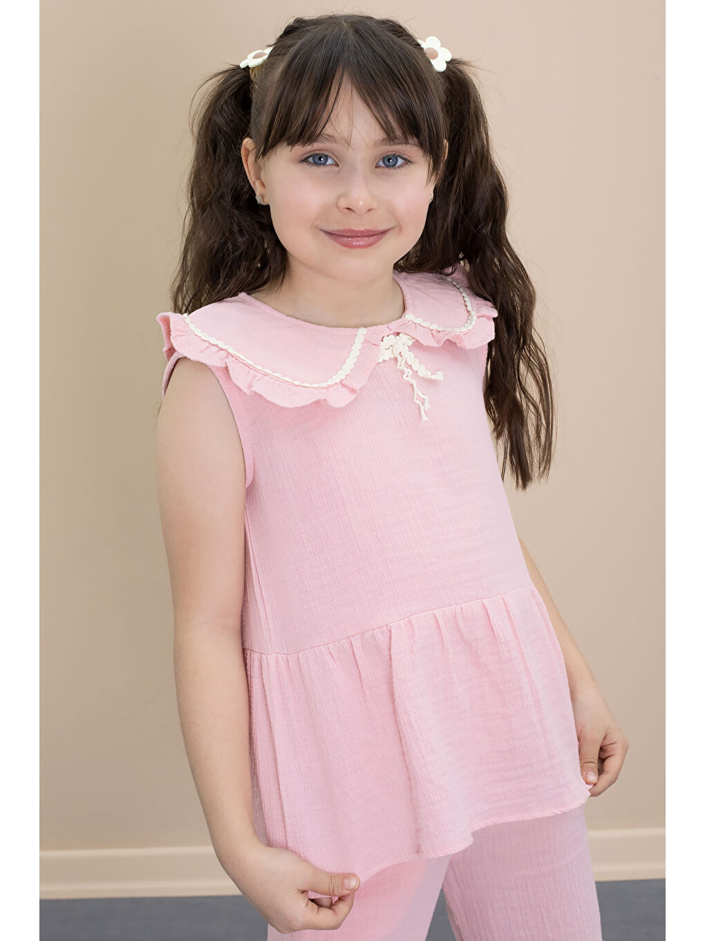 Pembe Sıfır Kol Bebe Yaka Bluzlu Pantolonlu Kız Çocuk 2li Takım 21028-1