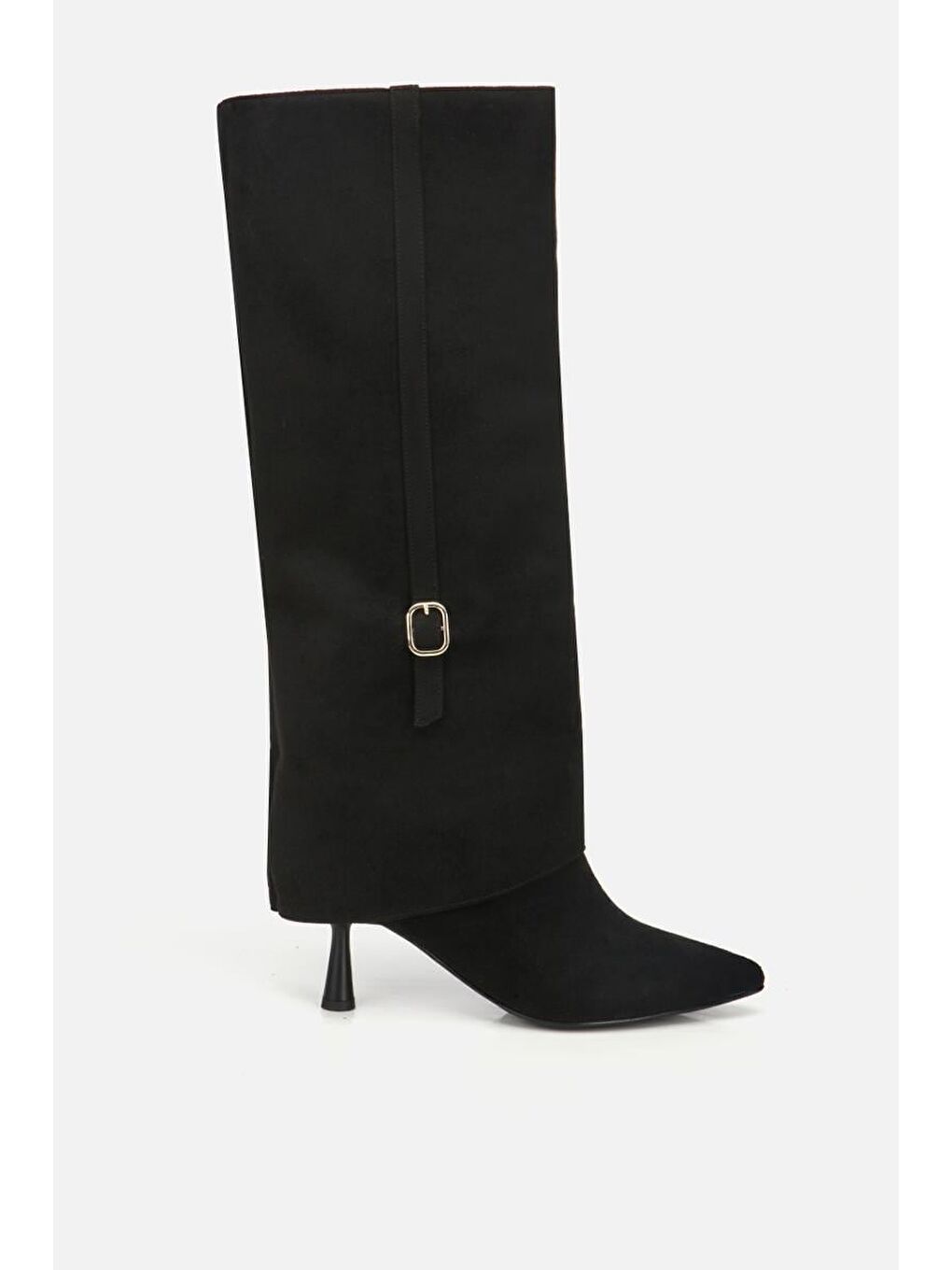 Kadın Süet Siyah Pantolon Görünümlü İnce Kemerli Topuklu Çizme