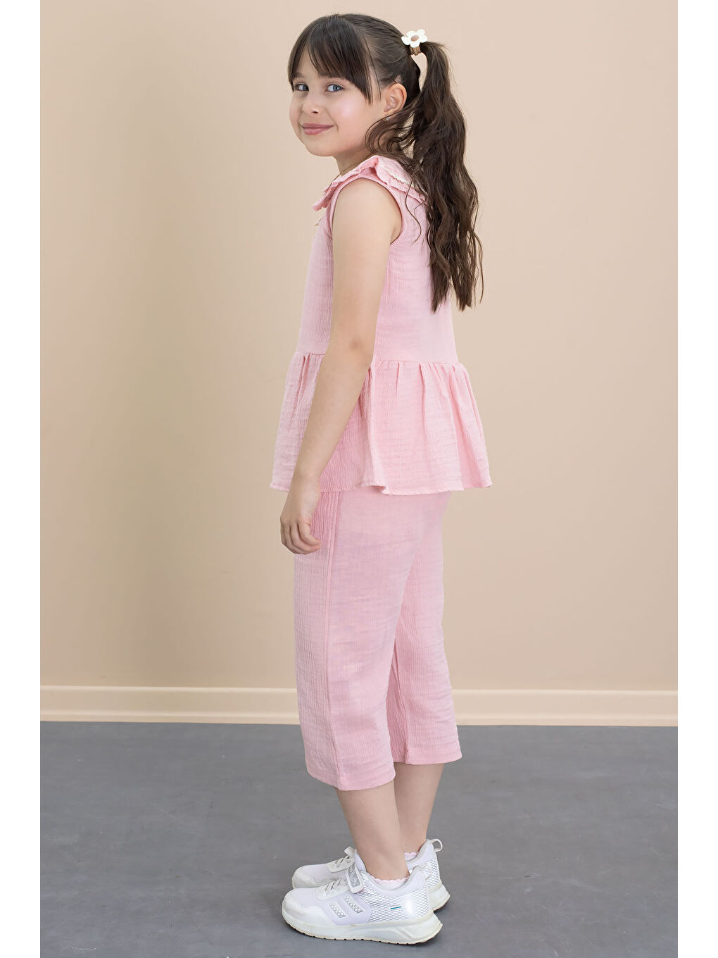 Pembe Sıfır Kol Bebe Yaka Bluzlu Pantolonlu Kız Çocuk 2li Takım 21028-3