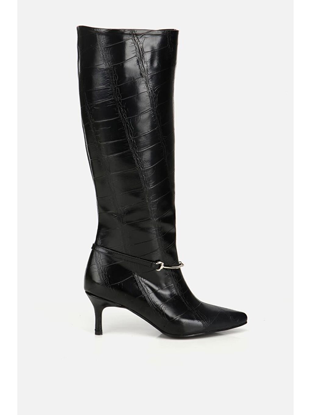Kadın Siyah Kroko İnce Kemerli Tokalı Topuklu Çizme
