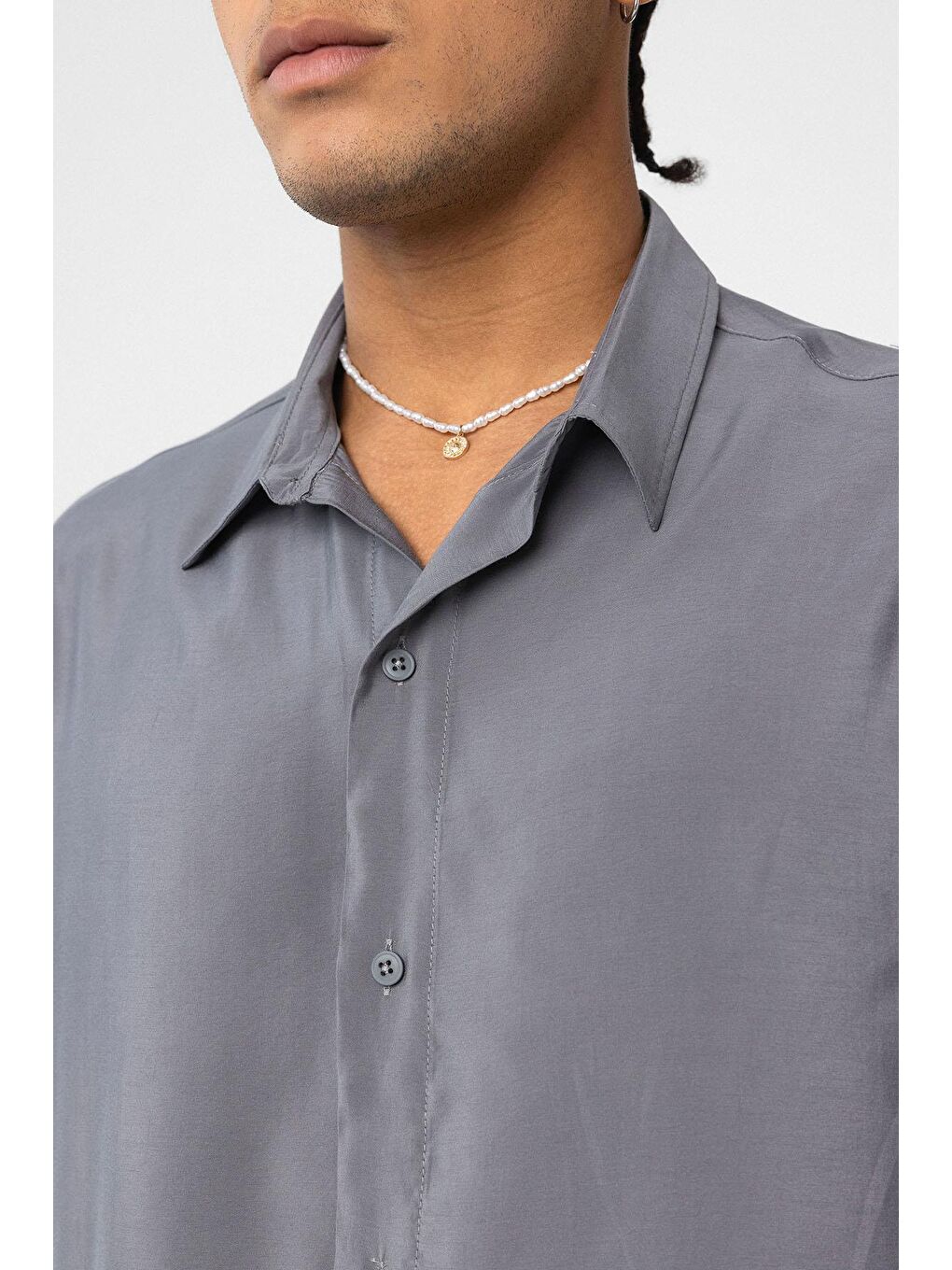 Oversize Modal Kumaş Gömlek Gri-3