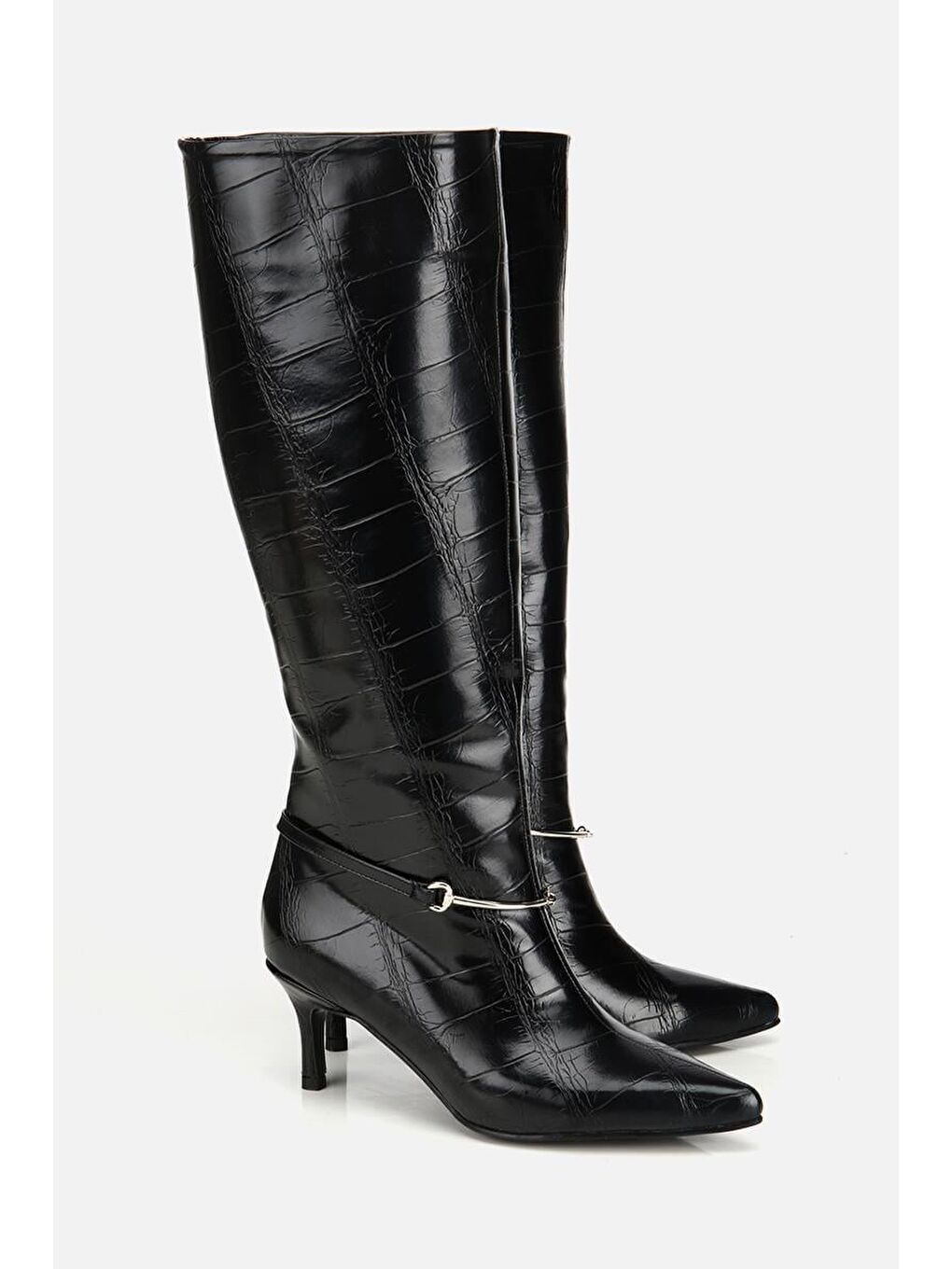 Kadın Siyah Kroko İnce Kemerli Tokalı Topuklu Çizme-1
