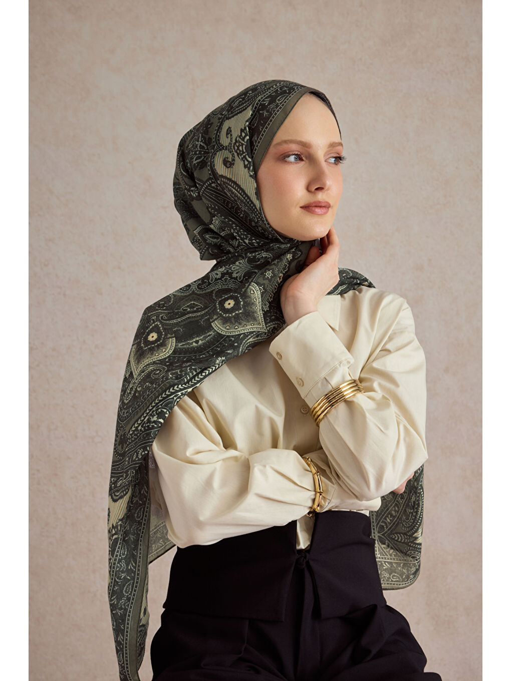 Pamuk Şal Shadow Haki Yeşil-1