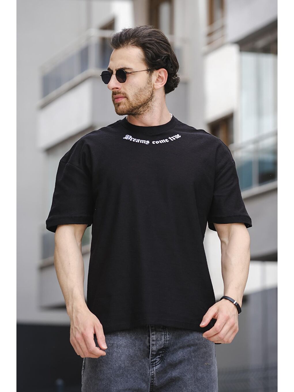 Siyah Bisiklet Yaka Kısa Kollu Oversize Erkek Tişört-1