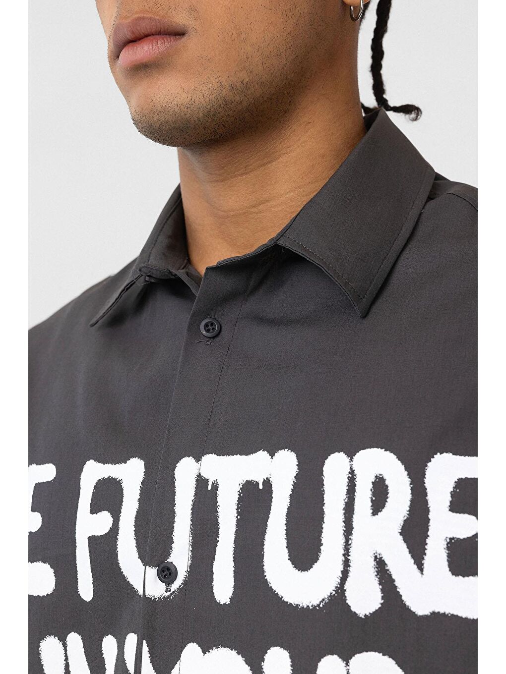 Gri Ön Baskılı %100 Pamuk Poplin Oversize Gömlek Füme-3