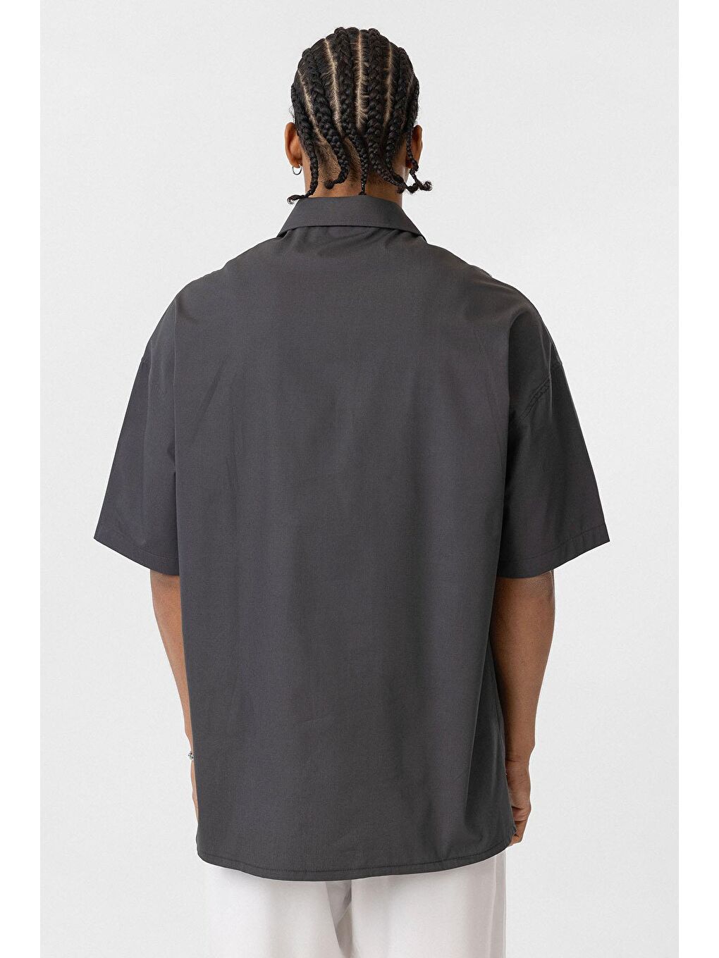 Gri Ön Baskılı %100 Pamuk Poplin Oversize Gömlek Füme-4