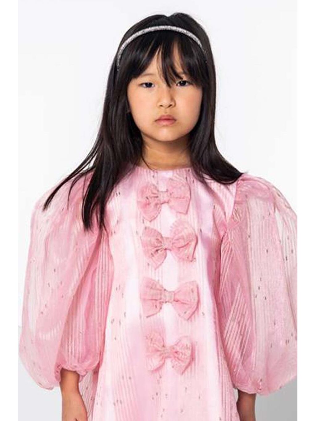 Kız Çocuk Önü Boydan Aşağı Fiyonk Detaylı Balon Kollu İçi Astarlı Pembe Elbise-3