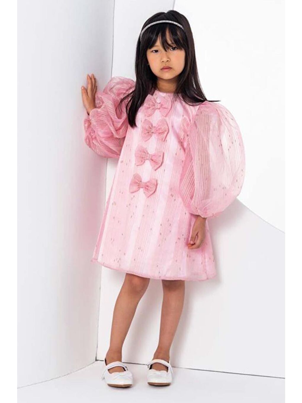 Kız Çocuk Önü Boydan Aşağı Fiyonk Detaylı Balon Kollu İçi Astarlı Pembe Elbise-2