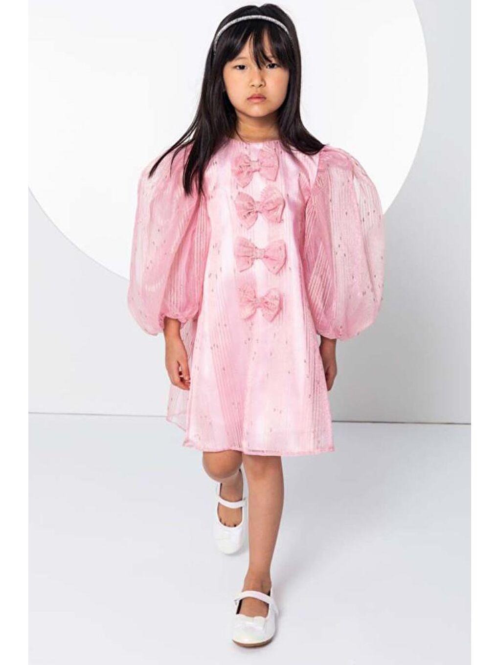 Kız Çocuk Önü Boydan Aşağı Fiyonk Detaylı Balon Kollu İçi Astarlı Pembe Elbise