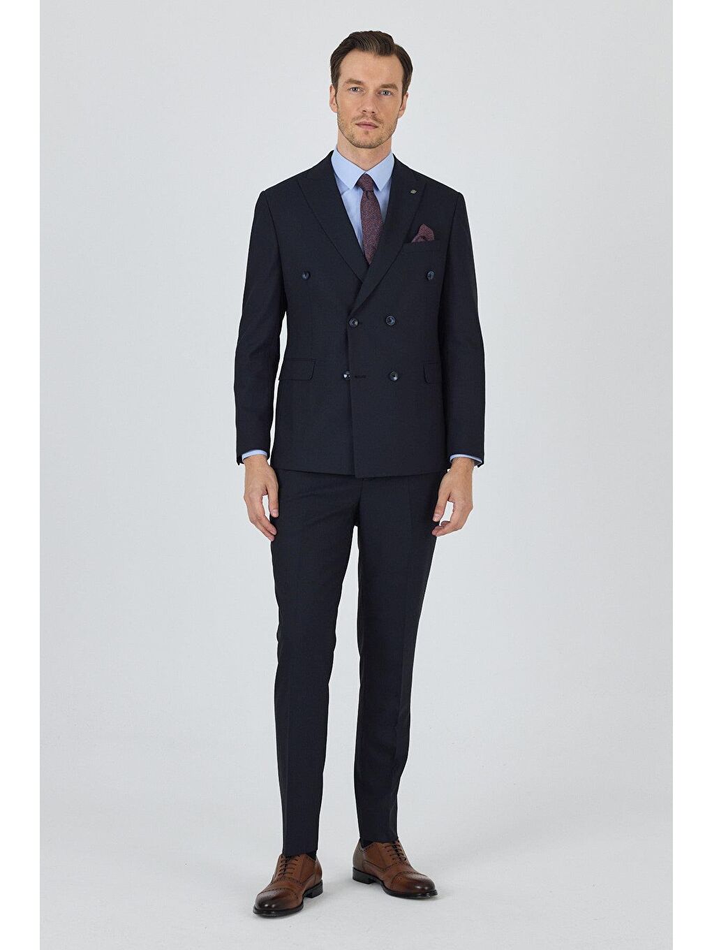 Koyu Lacivert Kılıç Yaka Düz Kruvaze Classic Esnek Slim Fit Takım Elbise 1001250172-1