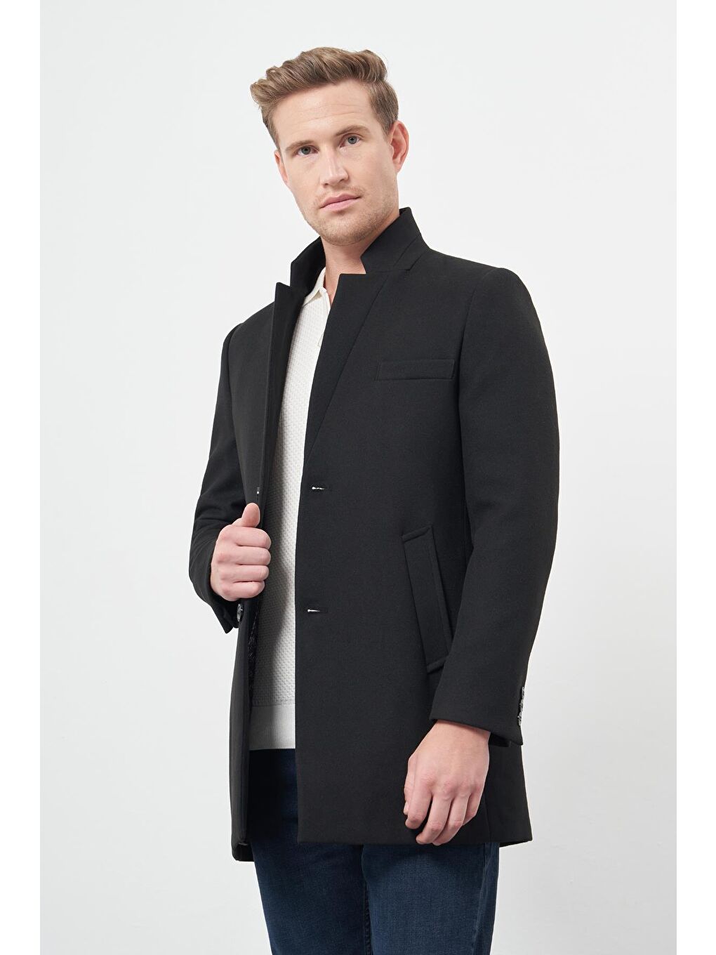 Siyah Kaşe Dik Yaka Kapitoneli Astar Slim Fit Dar Kesim Klasik Kaban 1008245171-2