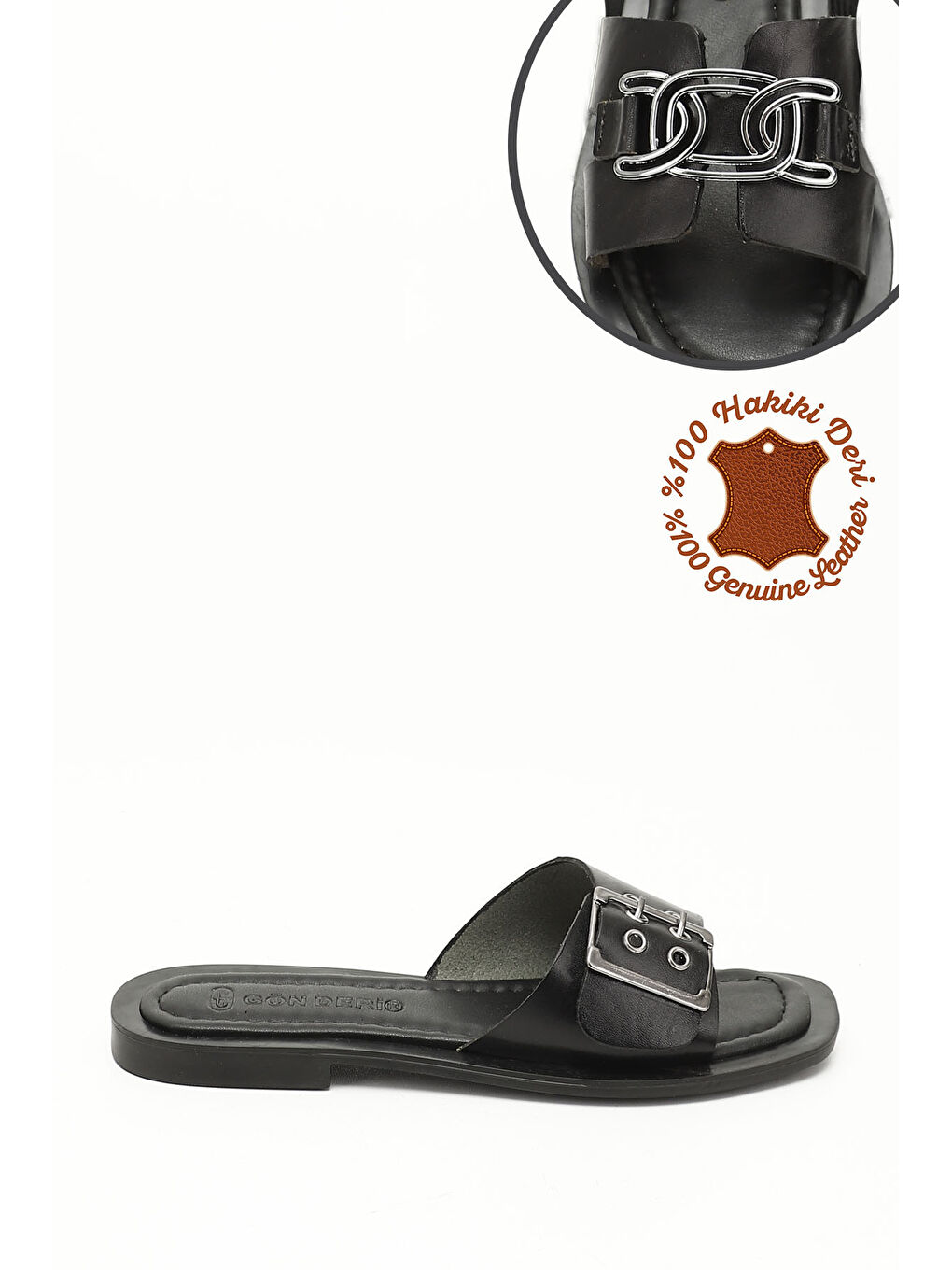 Mor Kadın ZÜMRÜT-SİYAH Tokalı Tek Bantlı Hakiki Deri Terlik-2