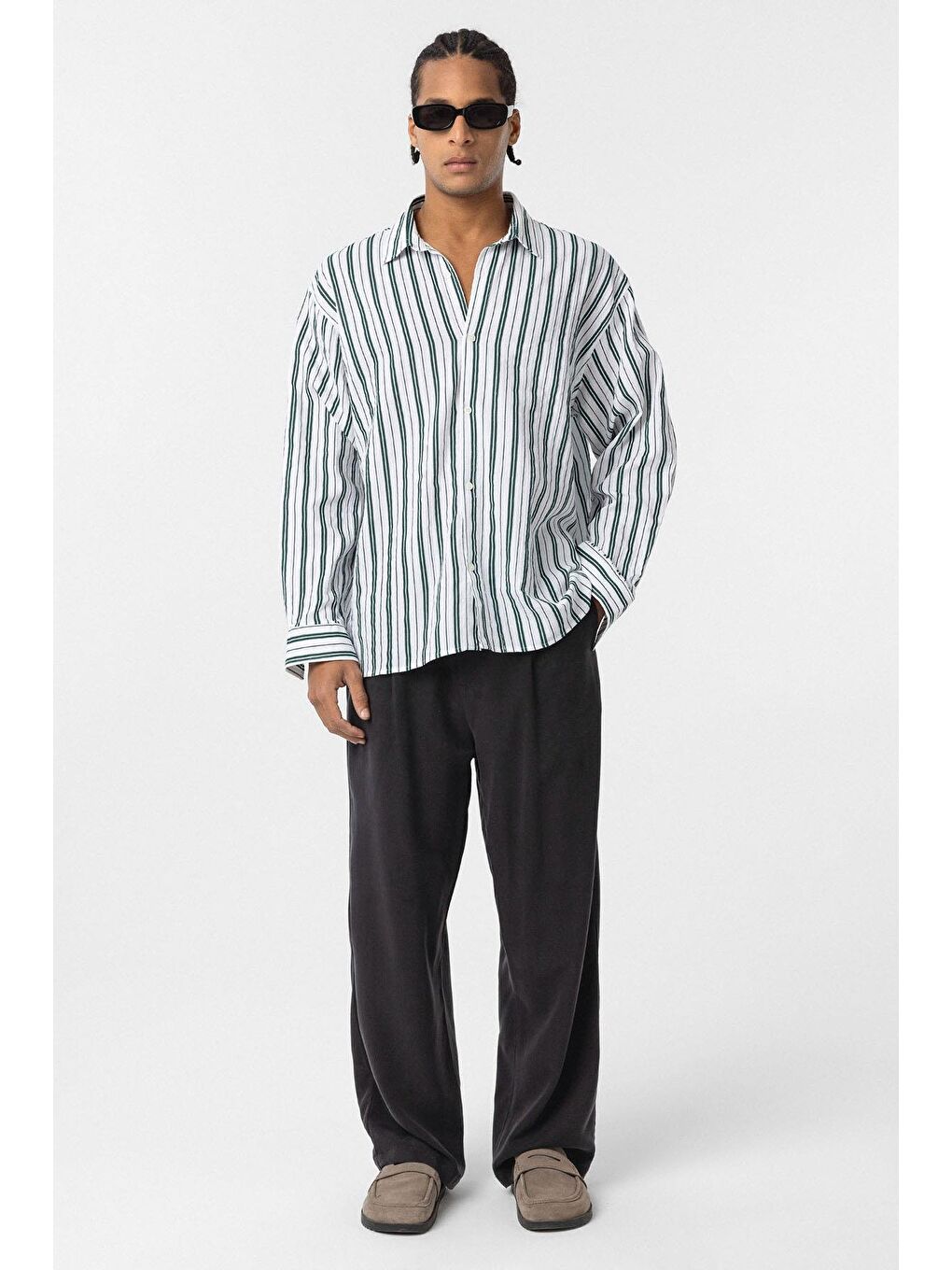 Çizgili Uzun Kollu Oversize Keten Gömlek Yeşil