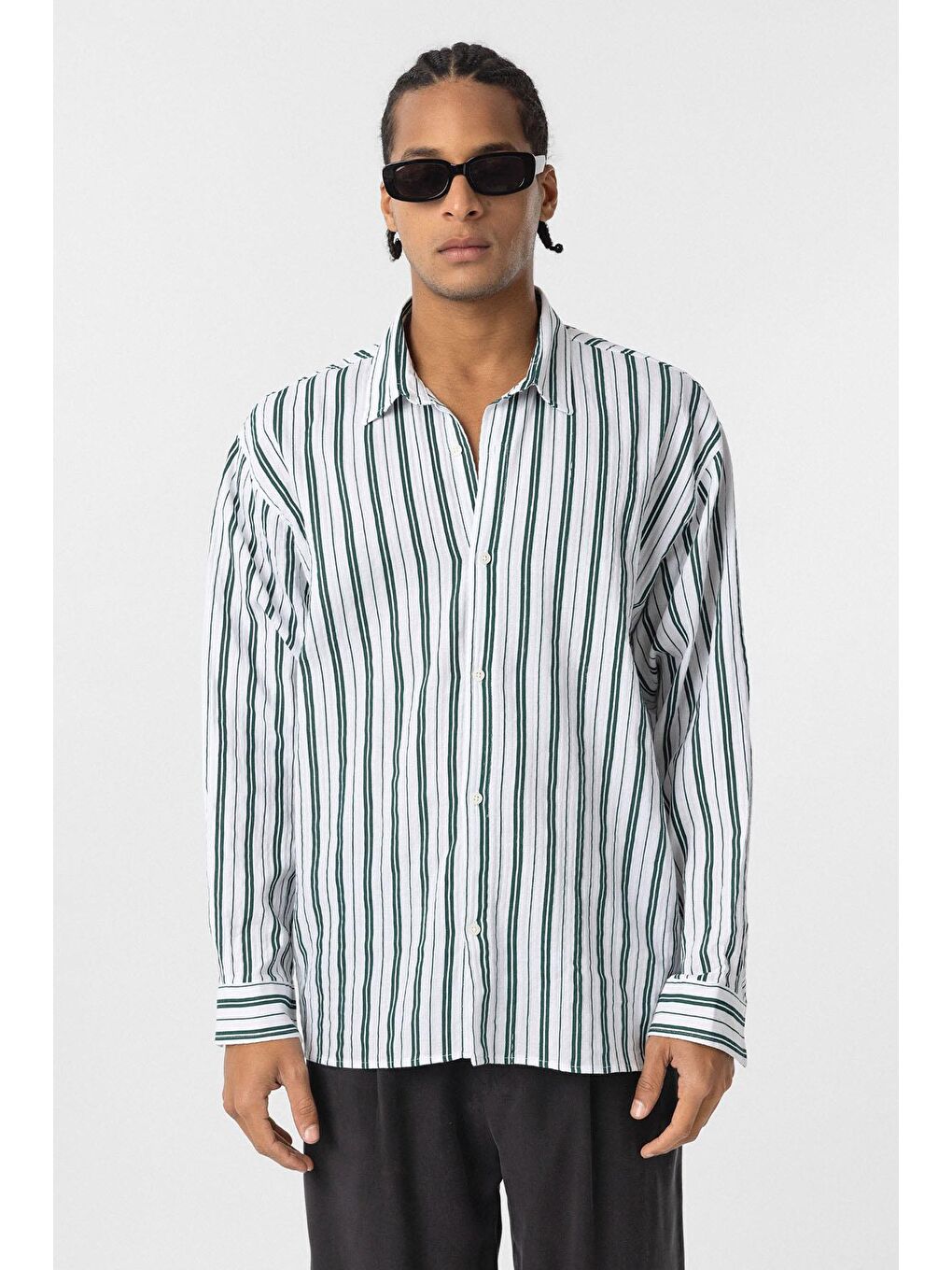 Çizgili Uzun Kollu Oversize Keten Gömlek Yeşil-2