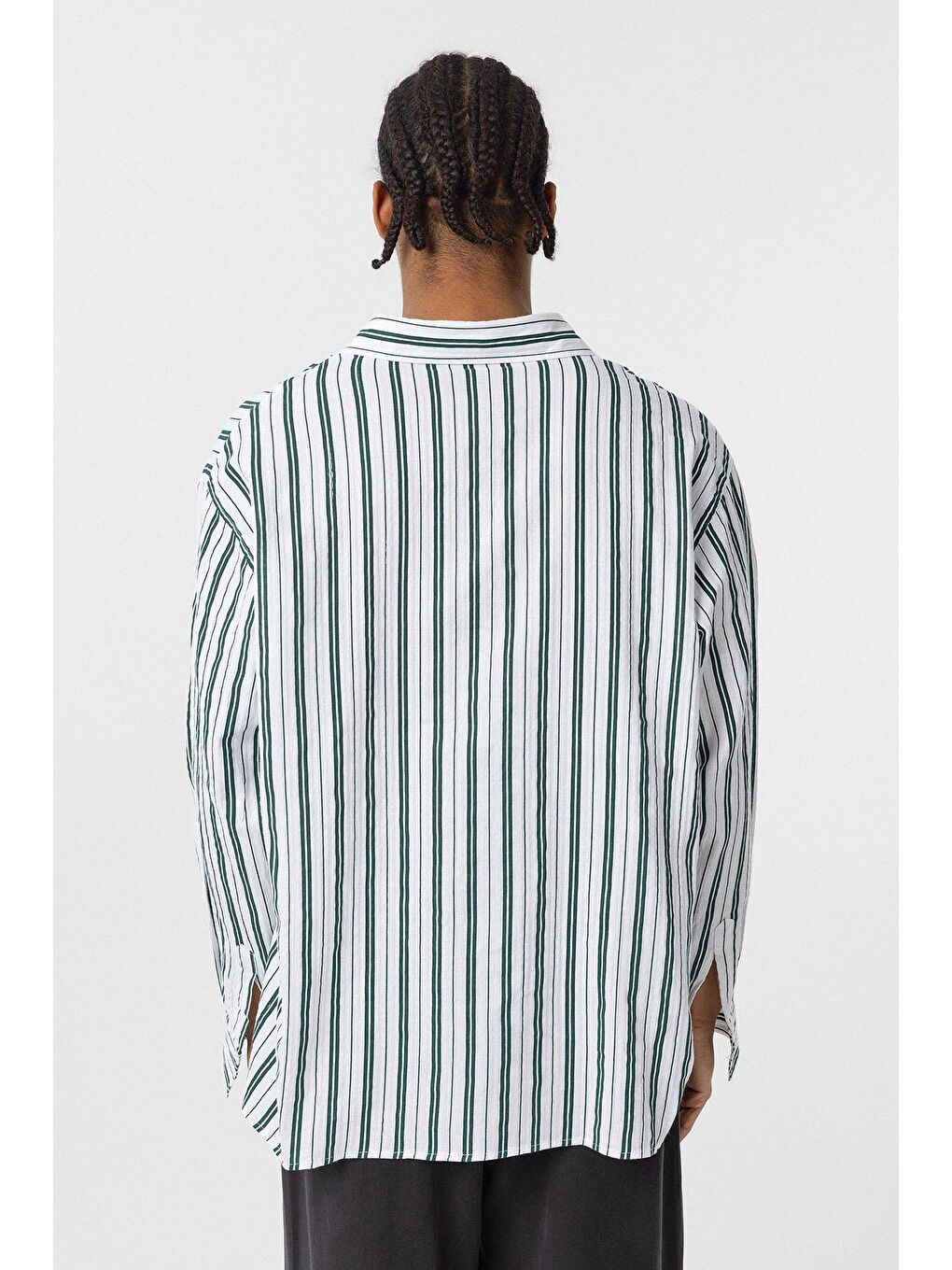 Çizgili Uzun Kollu Oversize Keten Gömlek Yeşil-3