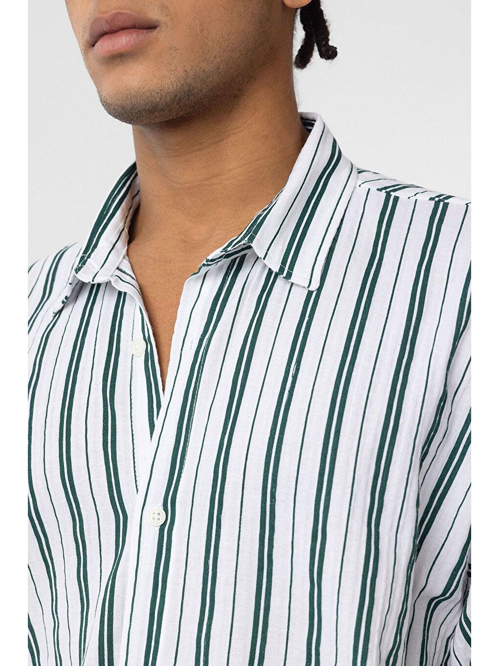 Çizgili Uzun Kollu Oversize Keten Gömlek Yeşil-4