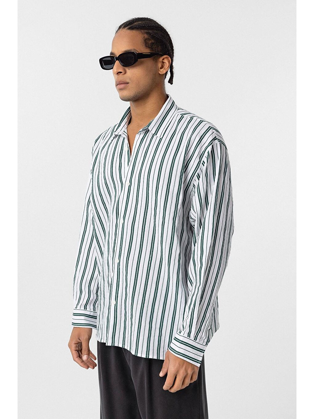 Çizgili Uzun Kollu Oversize Keten Gömlek Yeşil-5