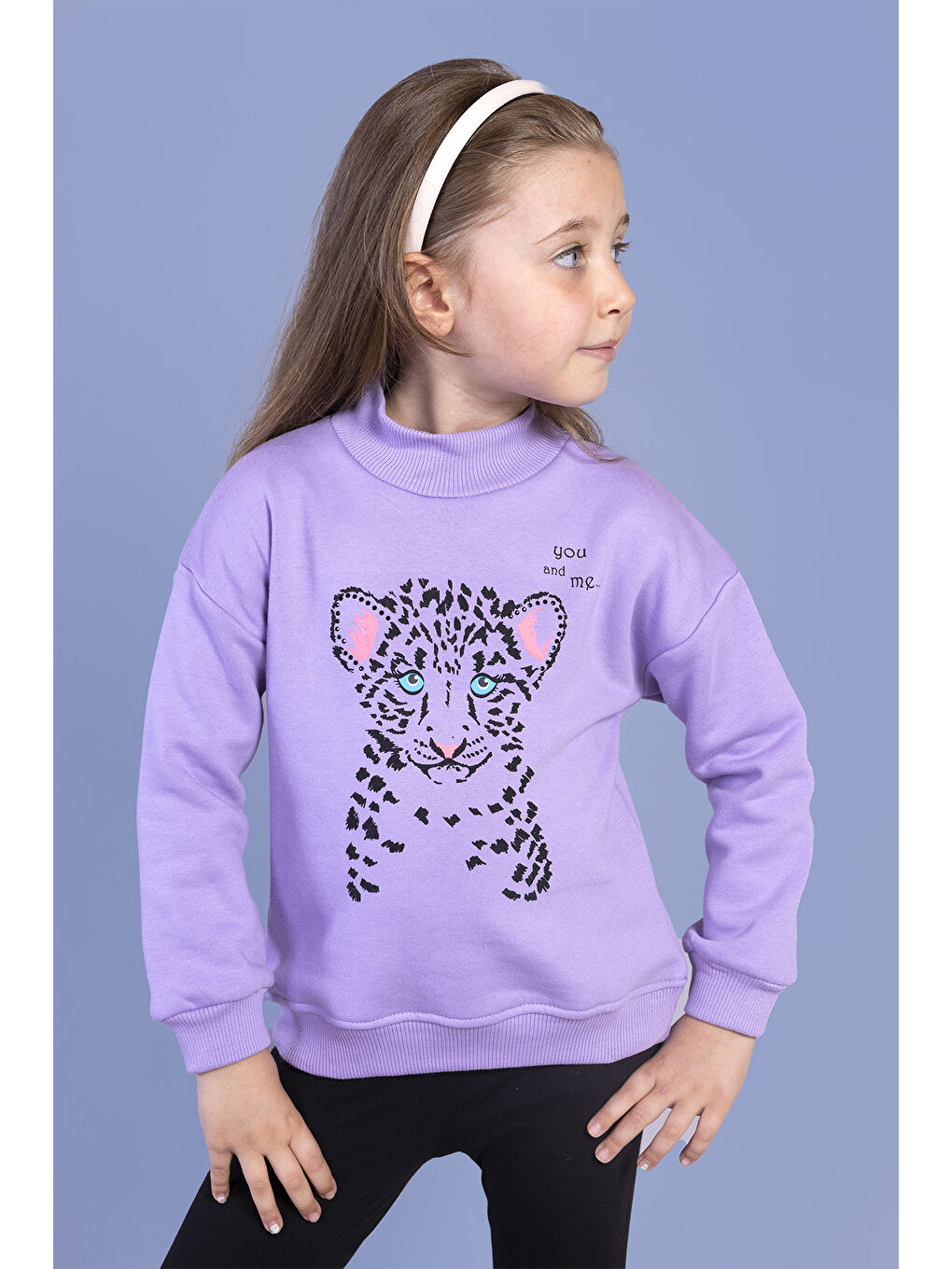 Toontoykids Lila Kız Çocuk Baskılı Balıkçı Yaka Pamuklu Sweatshirt