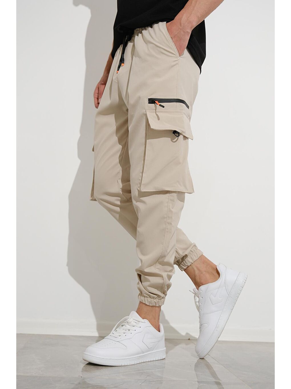 Bej Bl Non Stop Baskılı Kort Paraşüt Kumaş Tactical Kargo Cepli Erkek Eşofman Alt