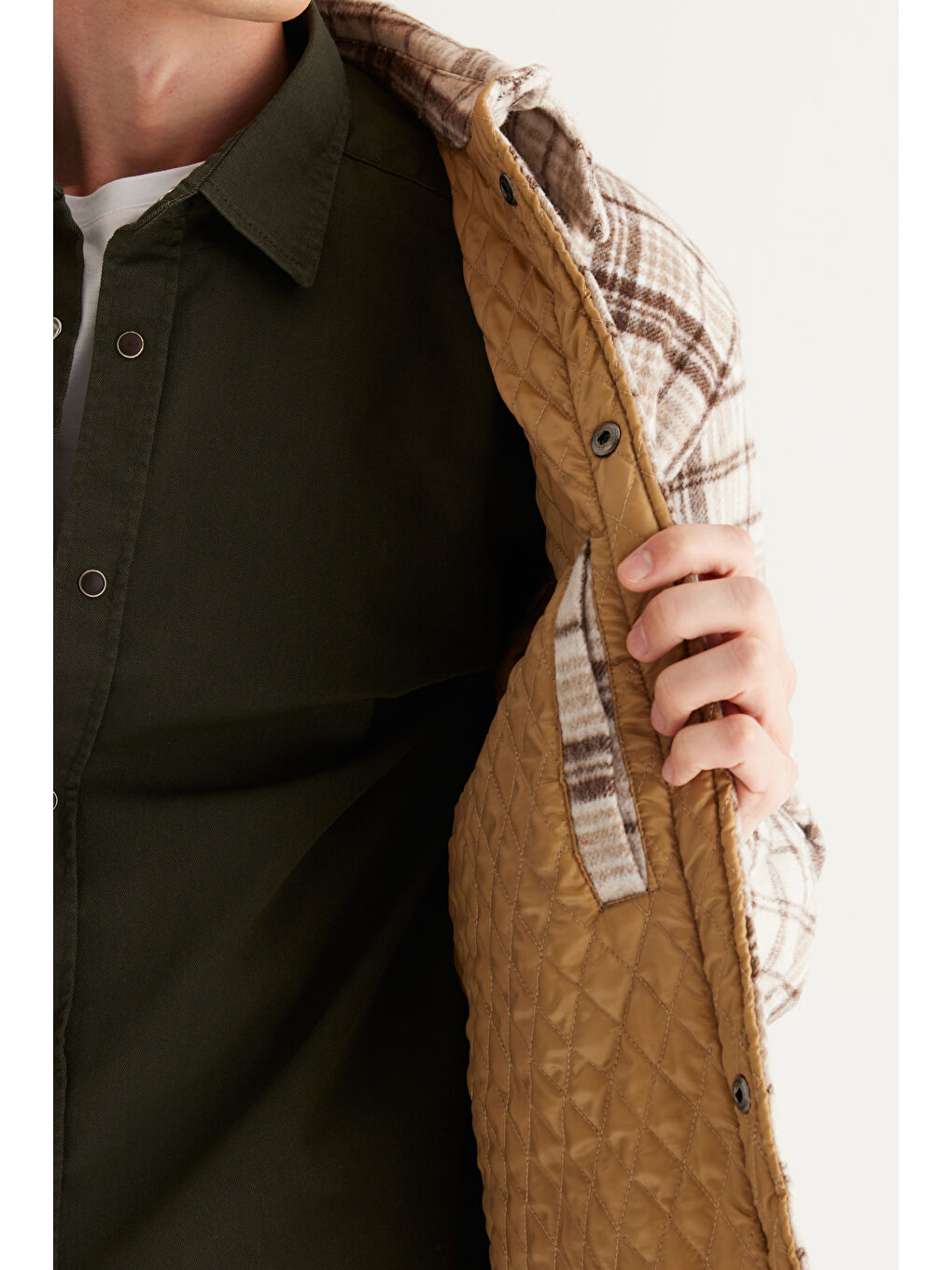 Erkek Bej Standart Fit Normal Kesim Klasik Yaka Kareli Gömlek Ceket-4