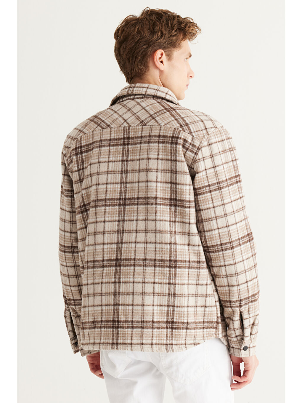 Erkek Bej Standart Fit Normal Kesim Klasik Yaka Kareli Gömlek Ceket-6