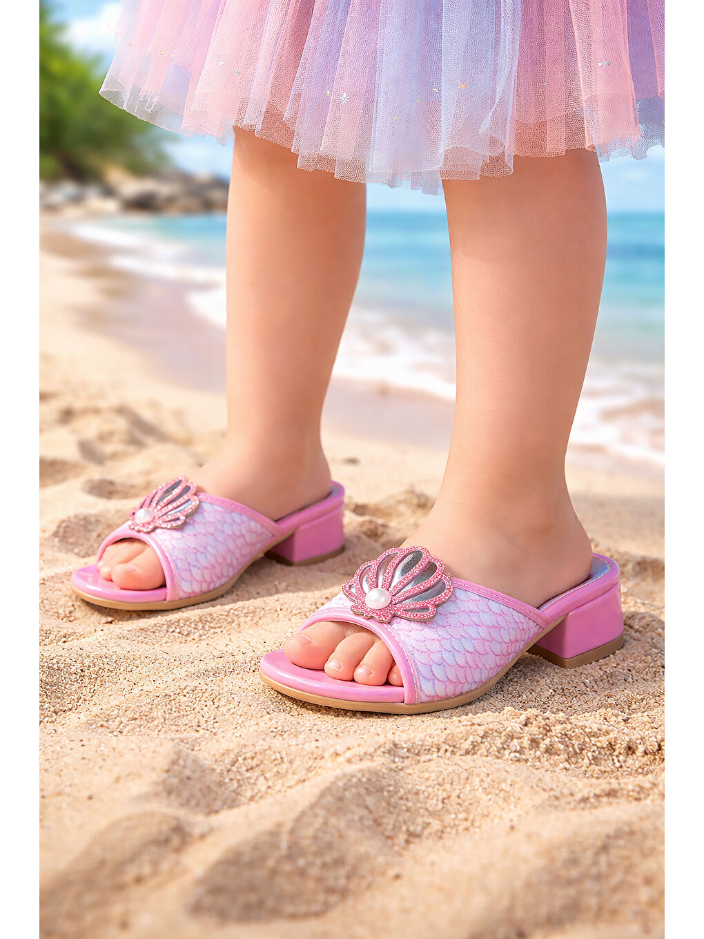 Pembe Coral Deniz Kızı Topuklu Kız Çocuk Simli Abiye Terlik-2