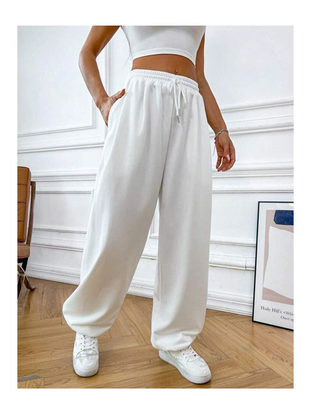 Ekru Kadın Kendinden Kıvırma Bol İnce Eşofman SPR24EA89-1