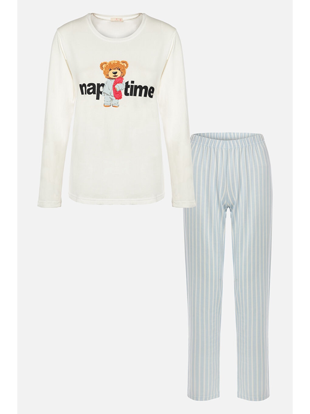 Mavi Kadın Pamuklu Uzun Kollu Üst Baskılı Alt Çizgili Pijama Takımı