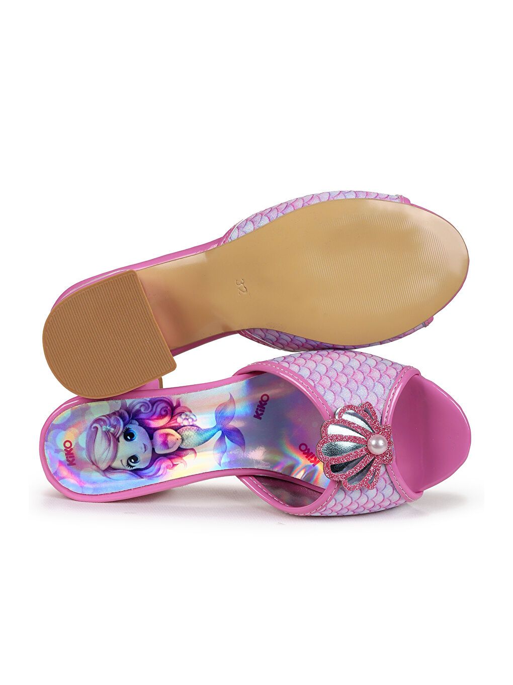 Pembe Coral Deniz Kızı Topuklu Kız Çocuk Simli Abiye Terlik-4