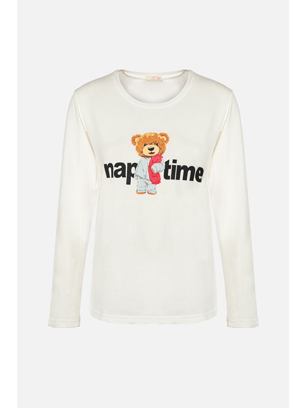 Mavi Kadın Pamuklu Uzun Kollu Üst Baskılı Alt Çizgili Pijama Takımı-1