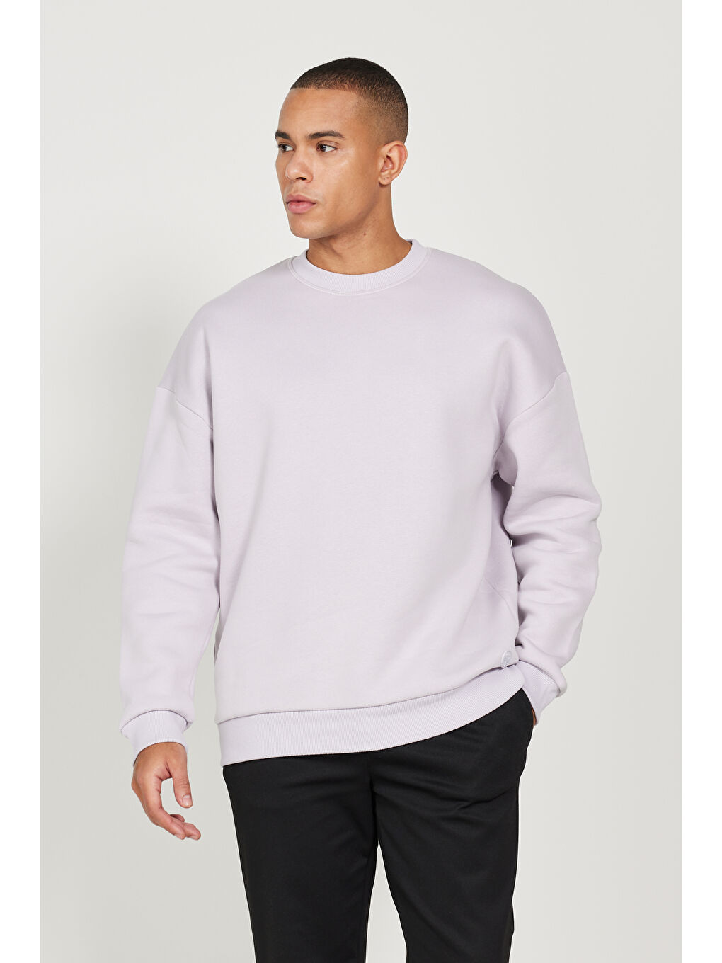 Erkek Lila Oversize Fit Bol Kesim Pamuklu İçi Polarlı Bisiklet Yaka Sweatshirt