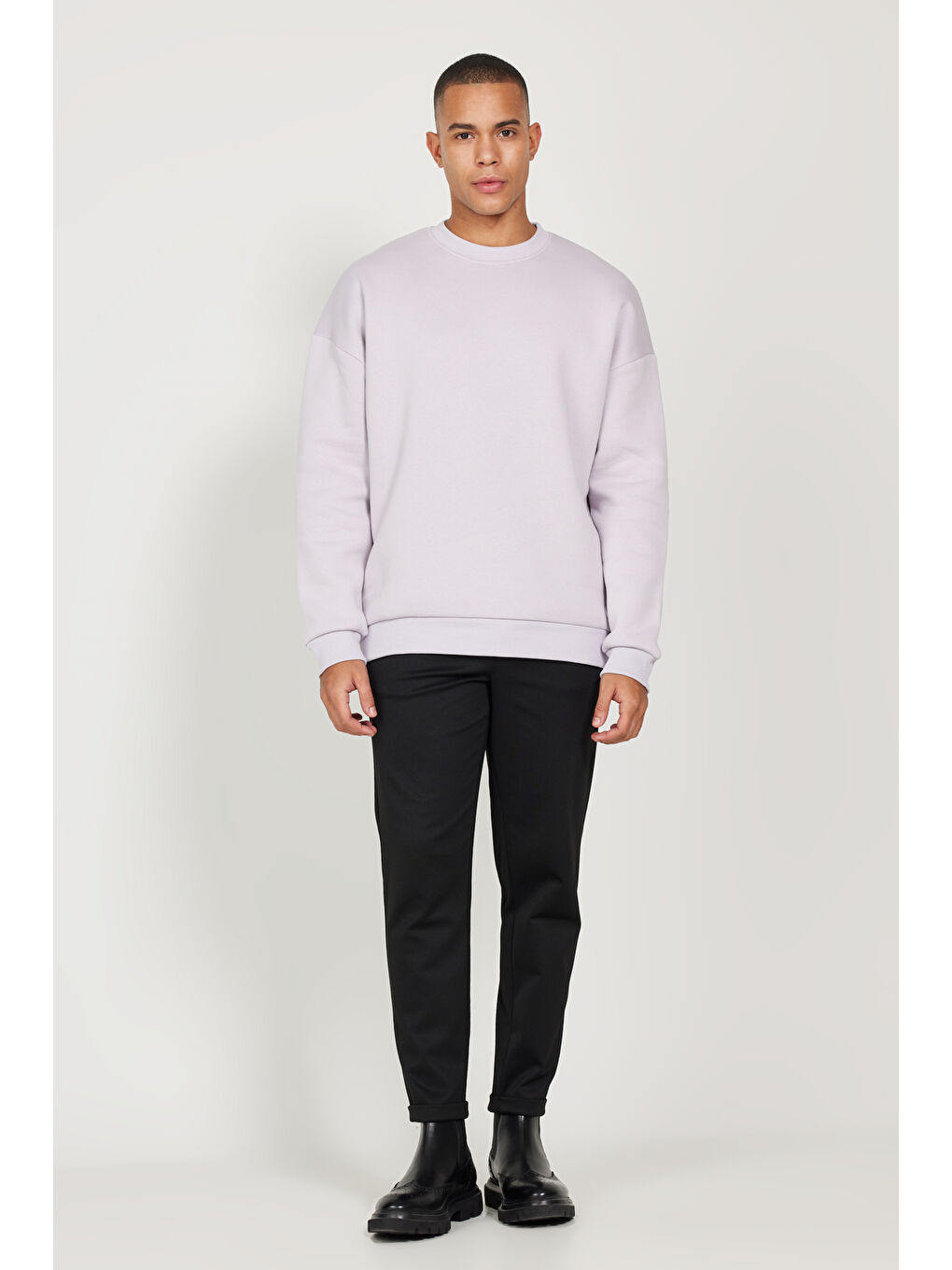 Erkek Lila Oversize Fit Bol Kesim Pamuklu İçi Polarlı Bisiklet Yaka Sweatshirt-1