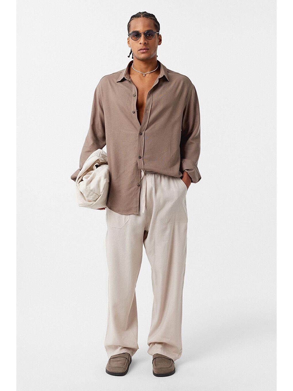 Bej Basic Oversize Uzun Kollu Keten Gömlek Vizon