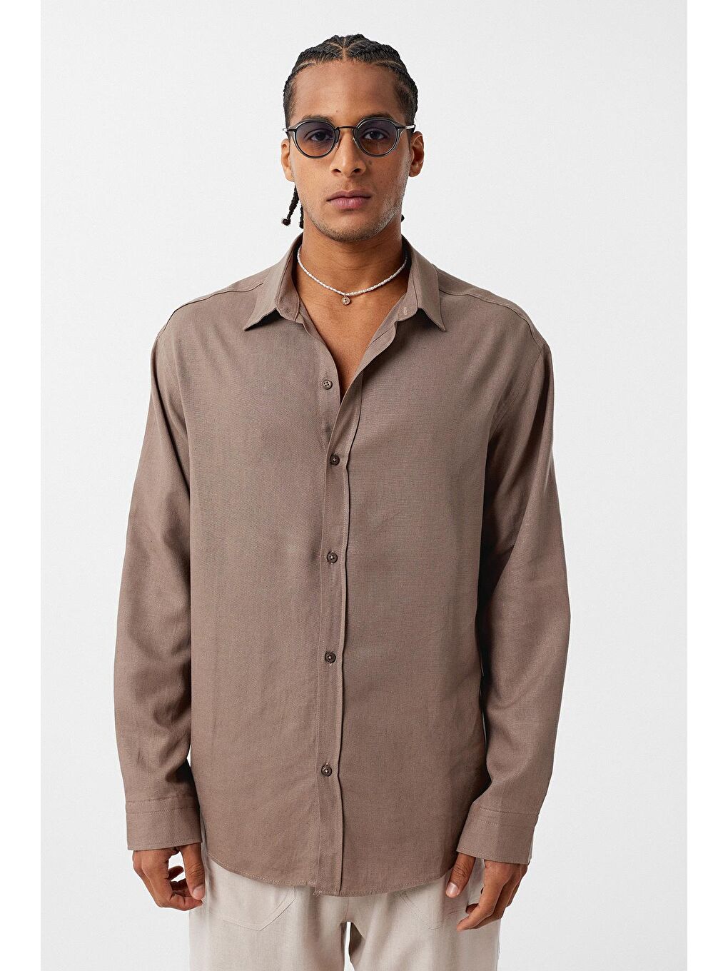 Bej Basic Oversize Uzun Kollu Keten Gömlek Vizon-2