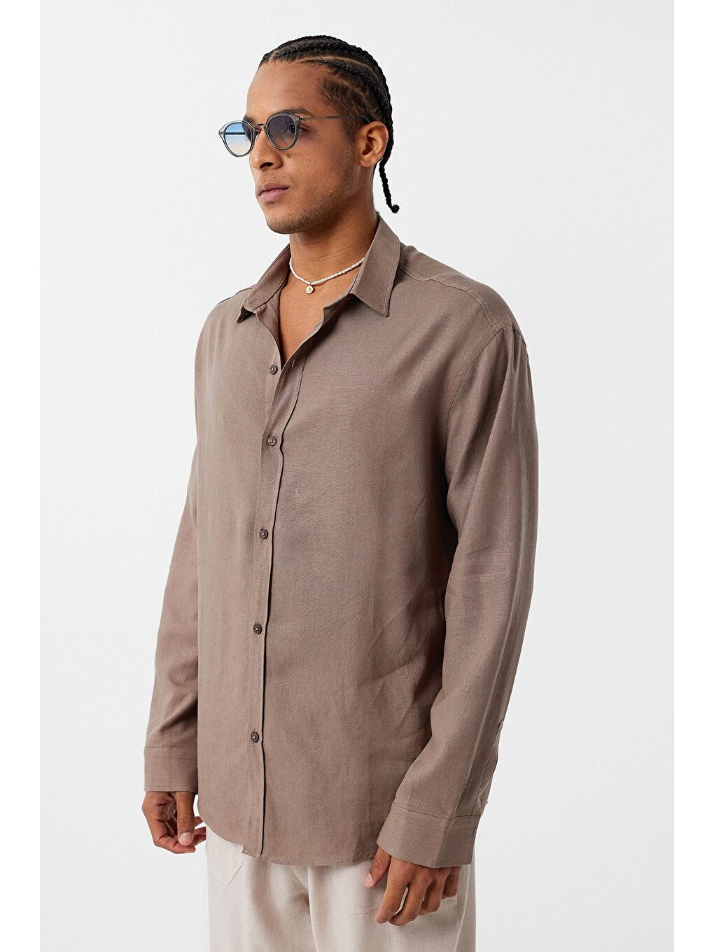 Bej Basic Oversize Uzun Kollu Keten Gömlek Vizon-3