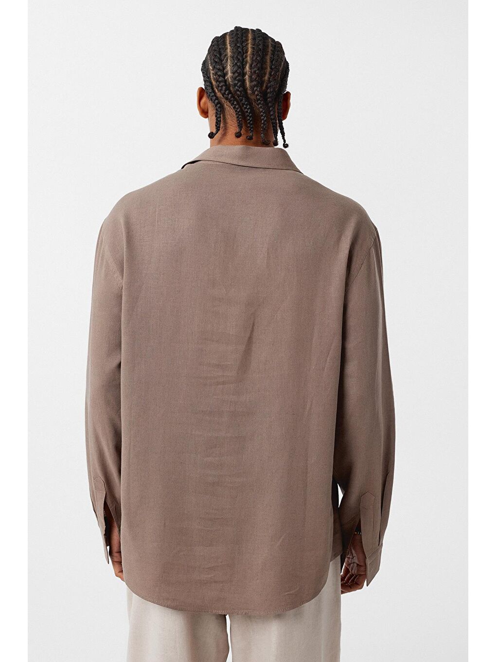 Bej Basic Oversize Uzun Kollu Keten Gömlek Vizon-4