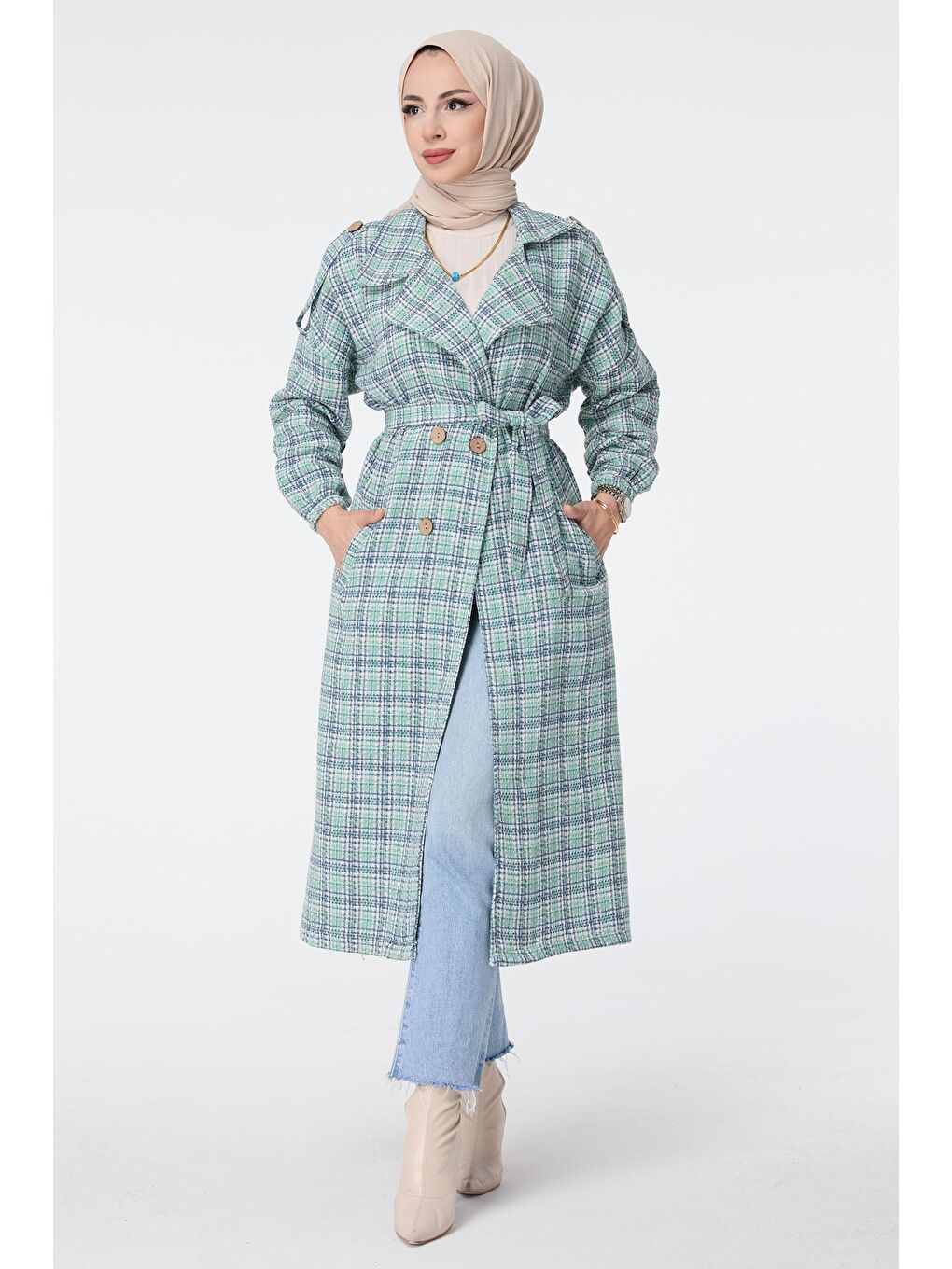 Ceket Yaka Kadın Yeşil Trenç - 13025