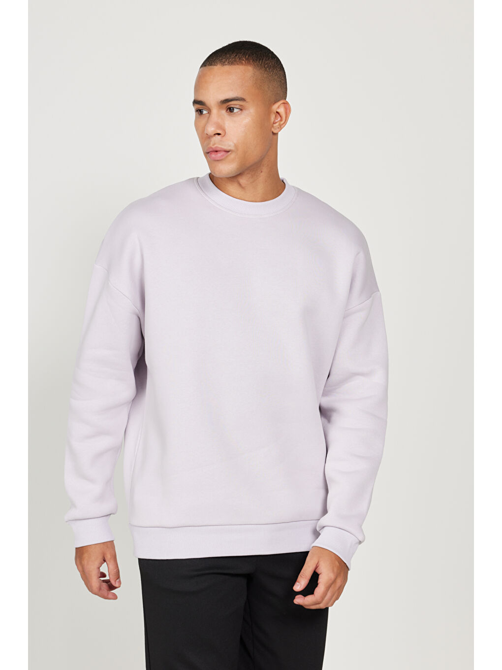 Erkek Lila Oversize Fit Bol Kesim Pamuklu İçi Polarlı Bisiklet Yaka Sweatshirt-4