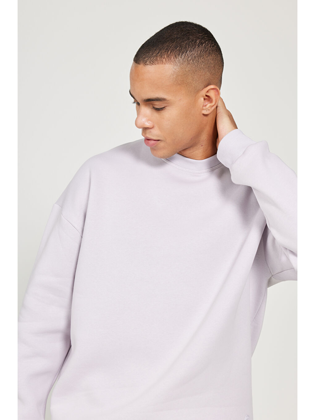 Erkek Lila Oversize Fit Bol Kesim Pamuklu İçi Polarlı Bisiklet Yaka Sweatshirt-5