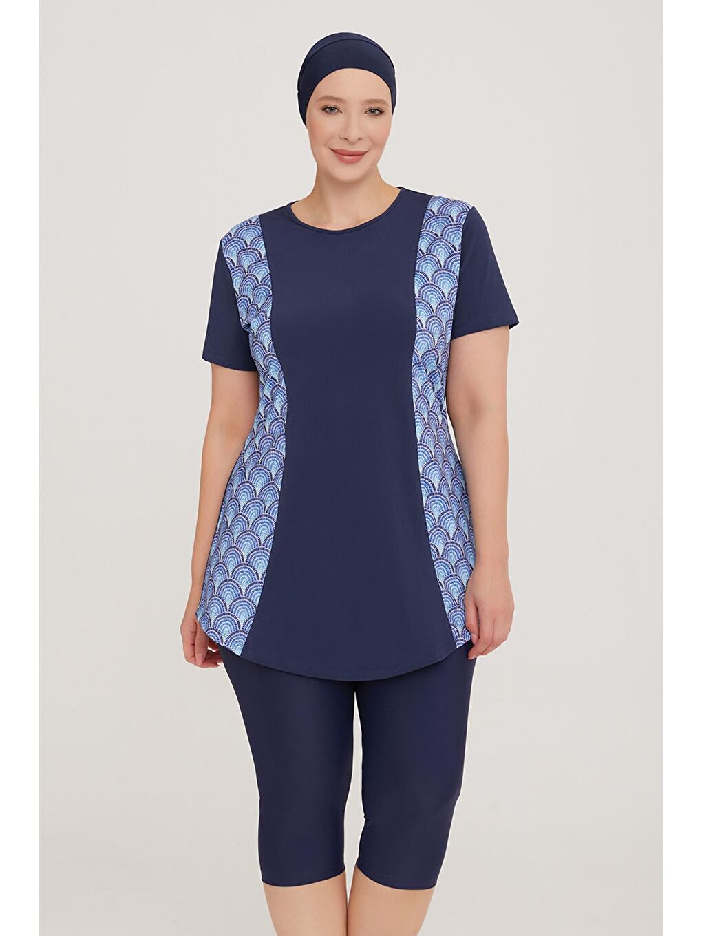 Büyük Beden Elastanlı Yarı Kapalı Tesettür Mayo Rıbbo 2 3919 Koyu Lacivert