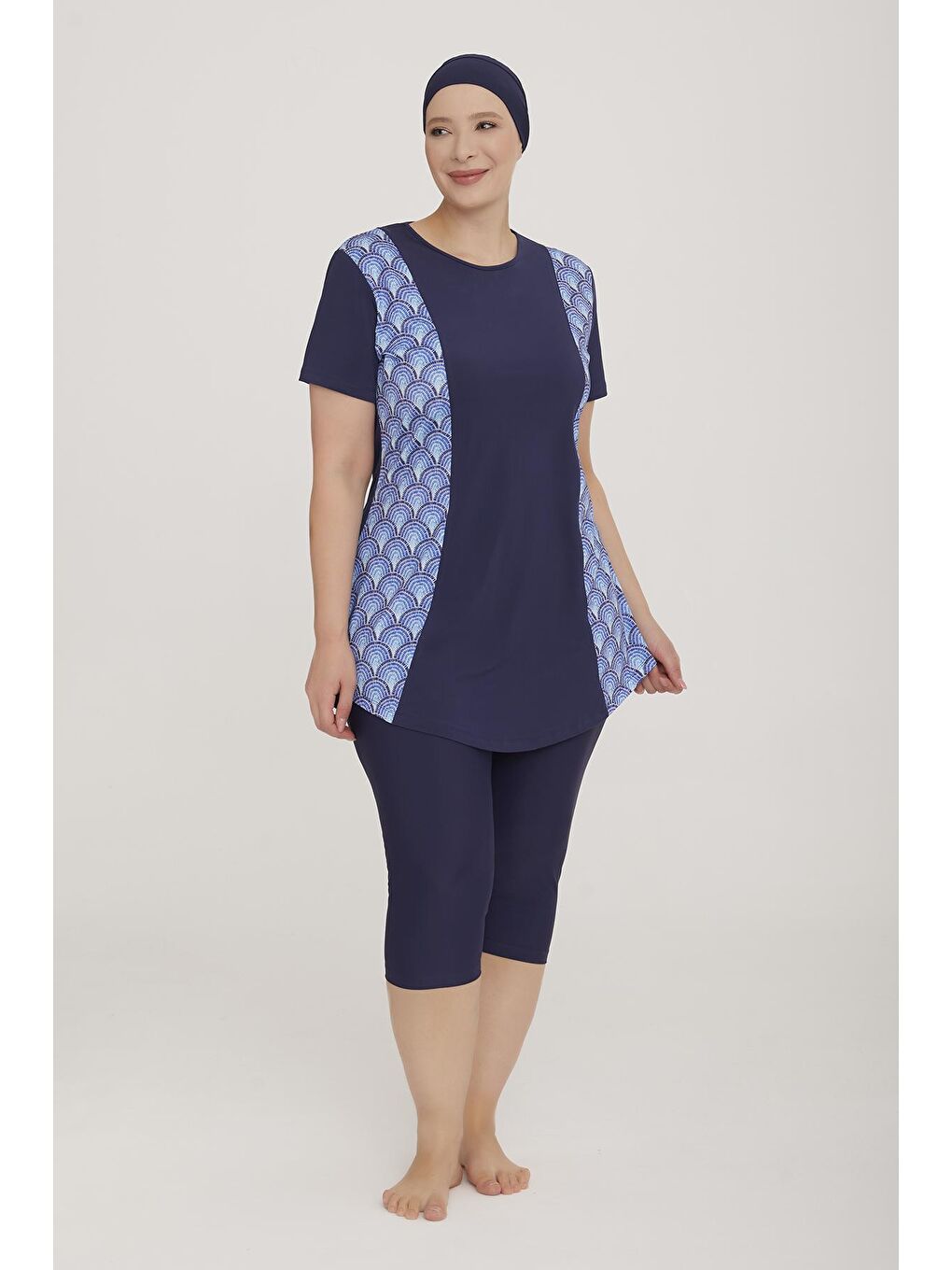 Büyük Beden Elastanlı Yarı Kapalı Tesettür Mayo Rıbbo 2 3919 Koyu Lacivert-1