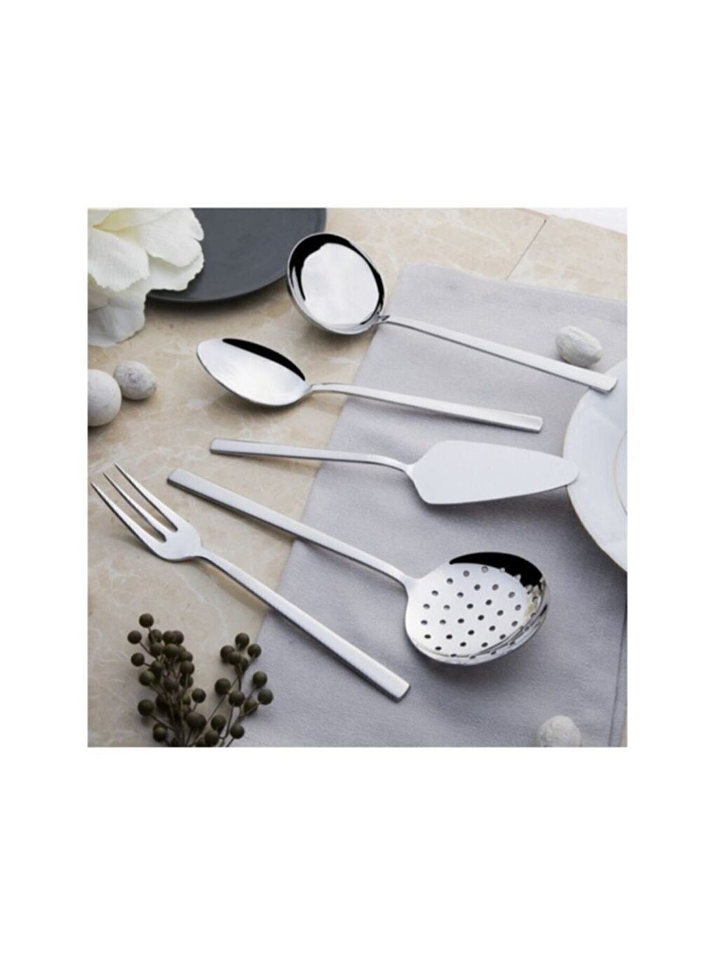 Gri Deniz Sade 5 Parça Paslanmaz Çelik Servis Takımı