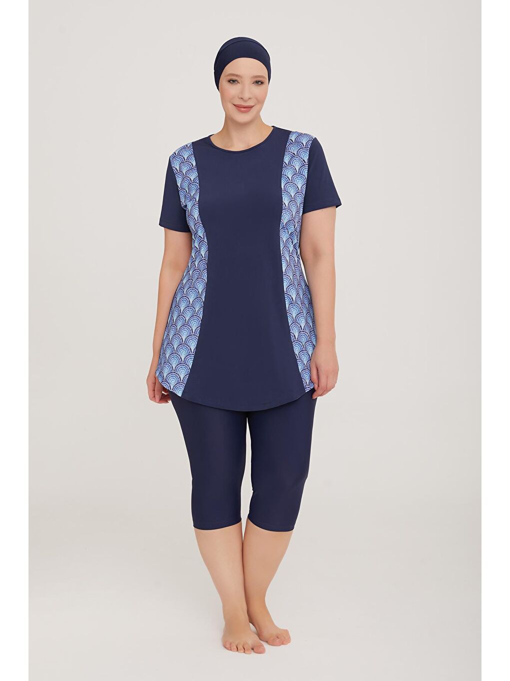 Büyük Beden Elastanlı Yarı Kapalı Tesettür Mayo Rıbbo 2 3919 Koyu Lacivert-2