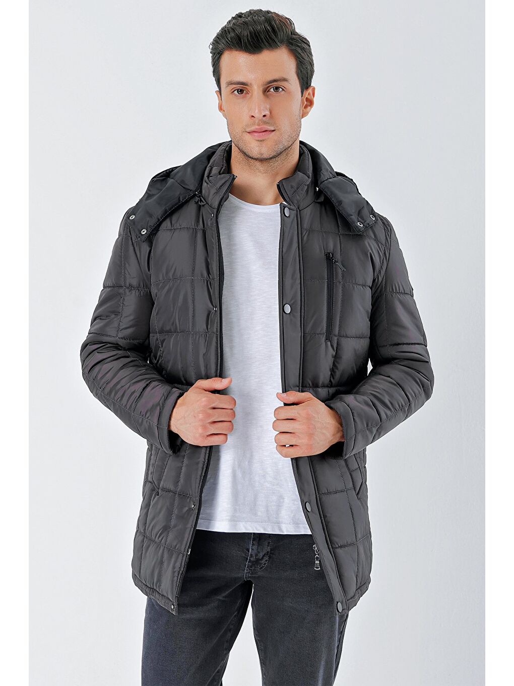 Koyu Antrasit Kapüşonlu Kapitoneli Astar Comfort Fit Rahat Kesim Klasik Kaban 1008235155