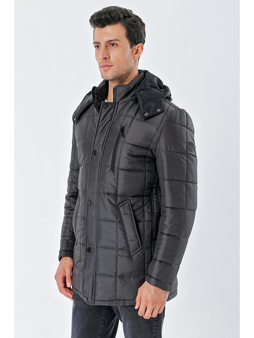 Koyu Antrasit Kapüşonlu Kapitoneli Astar Comfort Fit Rahat Kesim Klasik Kaban 1008235155-2