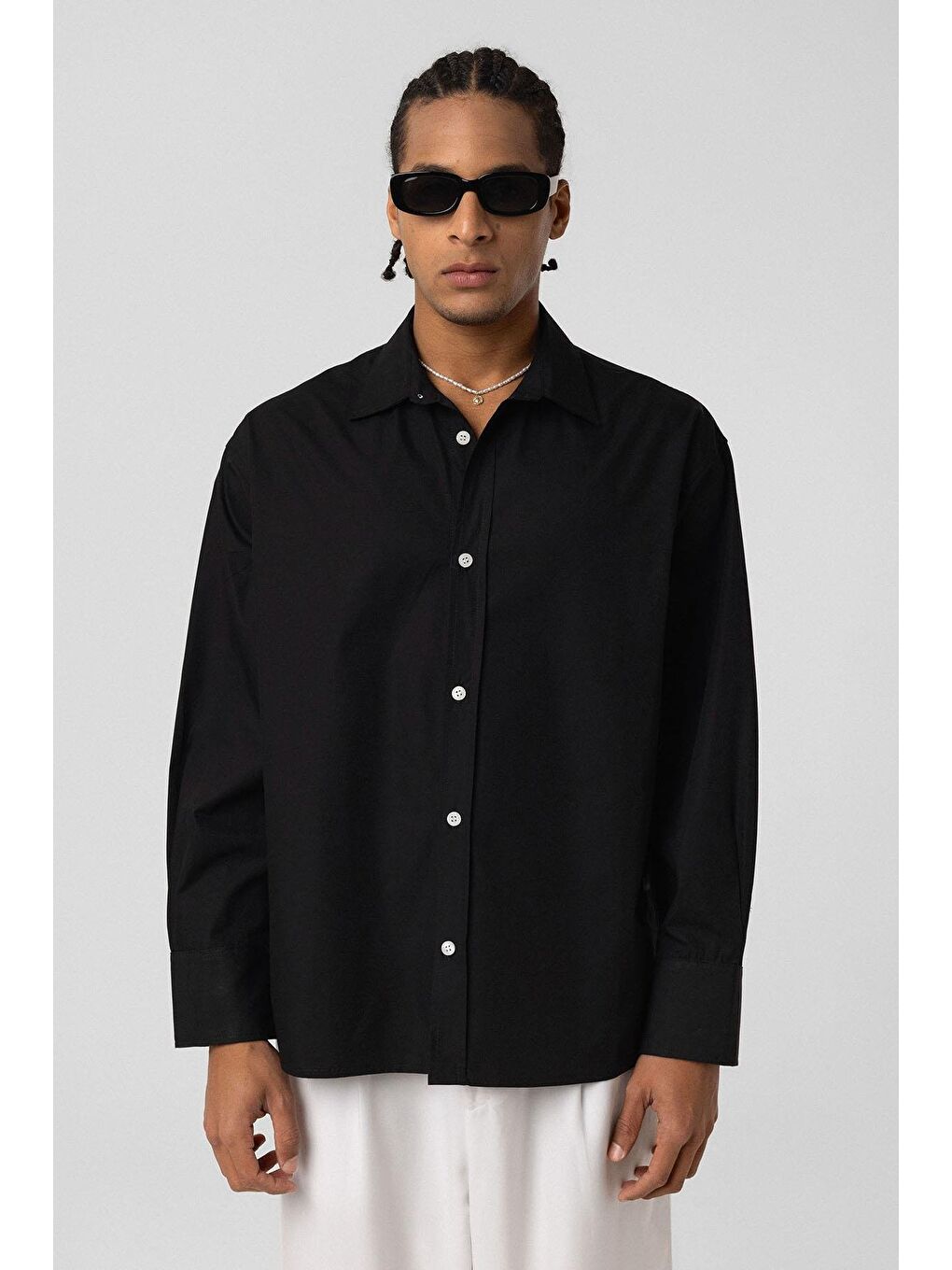 Uzun Kollu Boxy Fit Poplin  Gömlek Siyah-1