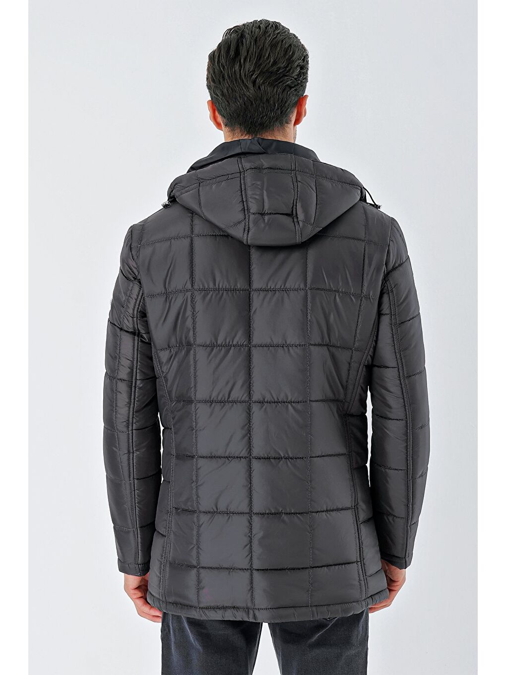 Koyu Antrasit Kapüşonlu Kapitoneli Astar Comfort Fit Rahat Kesim Klasik Kaban 1008235155-5