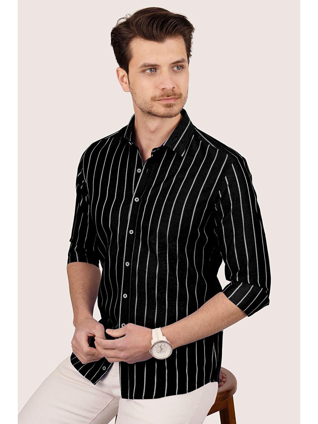 Siyah Beyaz Çizgili Slimfit Erkek Gömlek-1