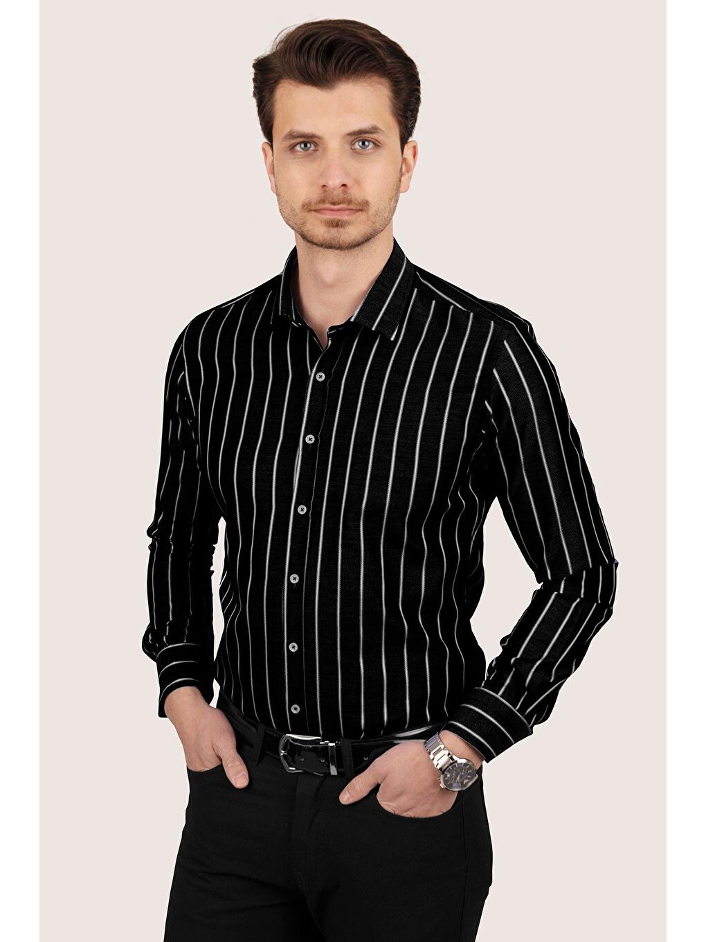 Siyah Beyaz Çizgili Slimfit Erkek Gömlek-4