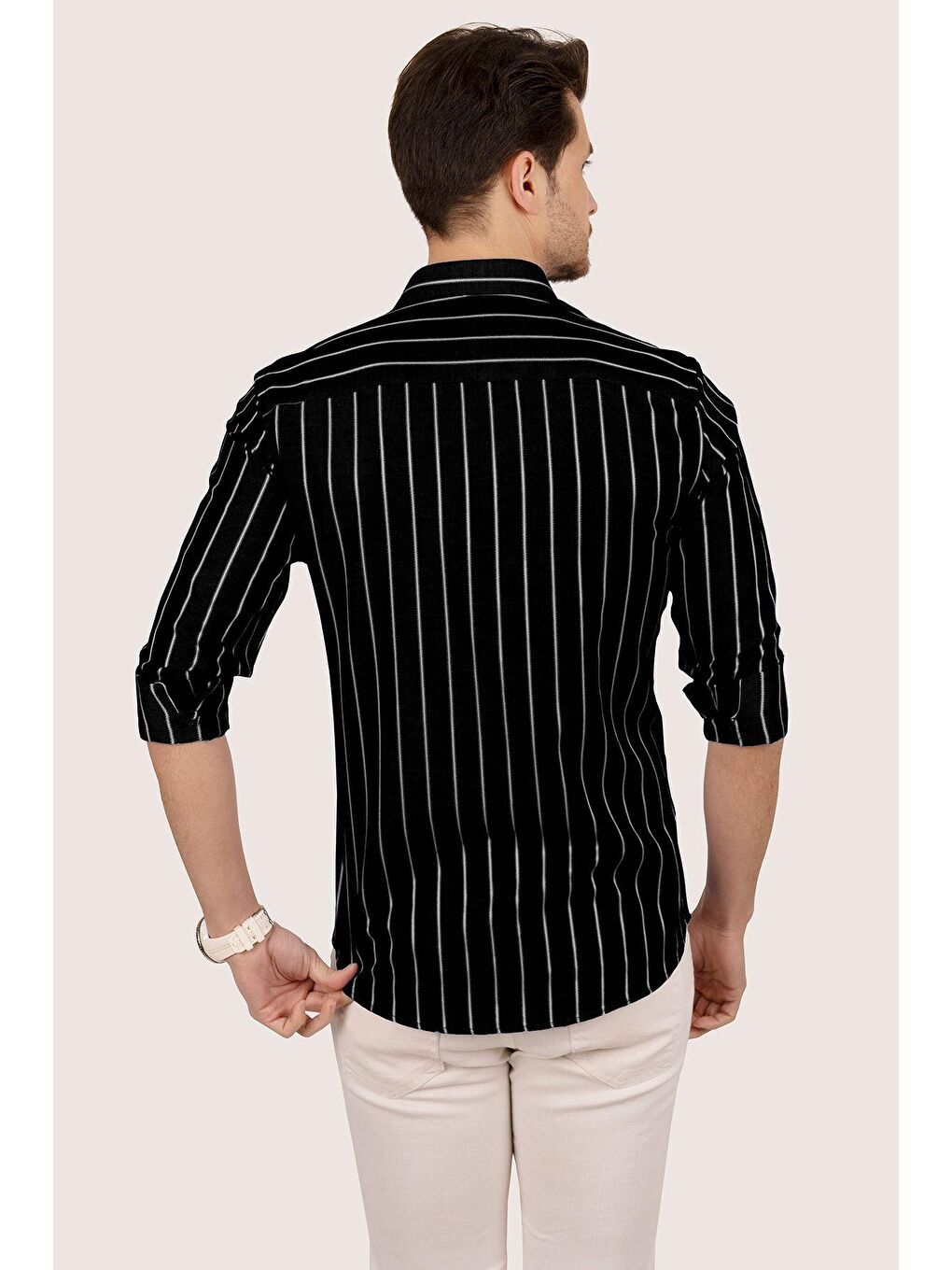 Siyah Beyaz Çizgili Slimfit Erkek Gömlek-6